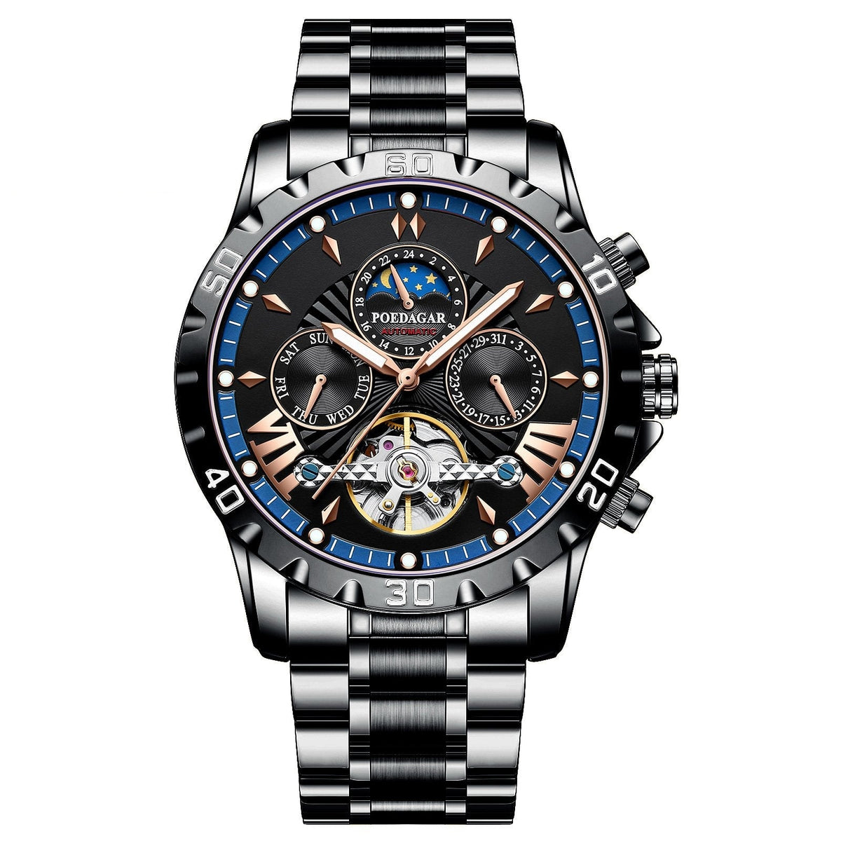 POEDAGAR 1410 Two-Tone Chronograph in Black / Black Dial