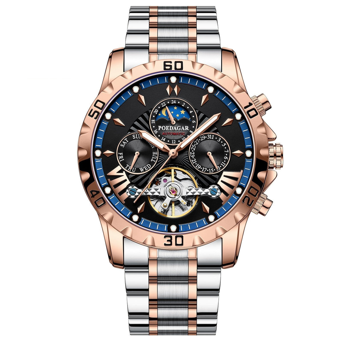 POEDAGAR 1410 Two-Tone Chronograph in Rose Gold / Black Dial, Blue Bezel