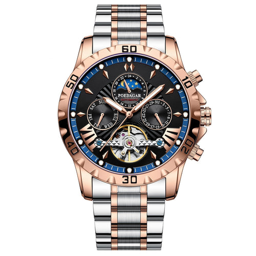 POEDAGAR 1410 Two-Tone Chronograph in Rose Gold / Black Dial, Blue Bezel