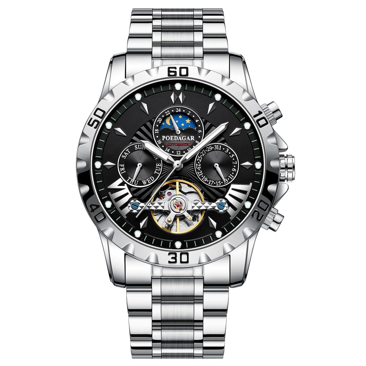POEDAGAR 1410 Two-Tone Chronograph in Silver / Black Dial