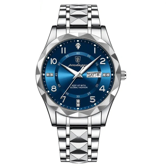 POEDAGAR 858 Faceted Day-Date in Silver / Blue Dial