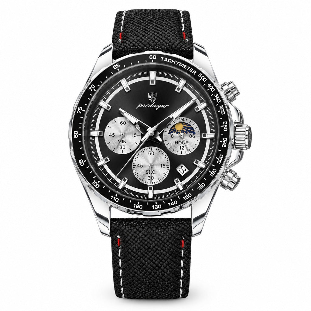POEDAGAR 879 Moon Phase Chronograph in Silver / Black Dial