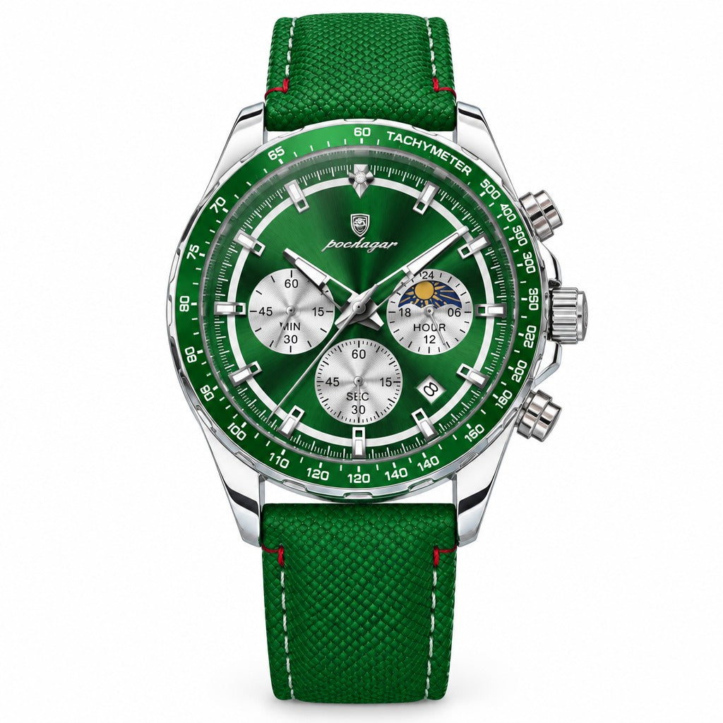 POEDAGAR 879 Moon Phase Chronograph in Silver / Green Dial