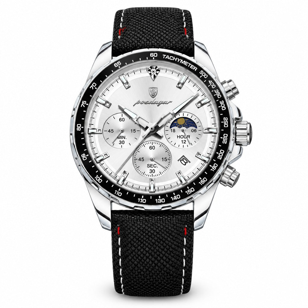 POEDAGAR 879 Moon Phase Chronograph in Silver / White Dial