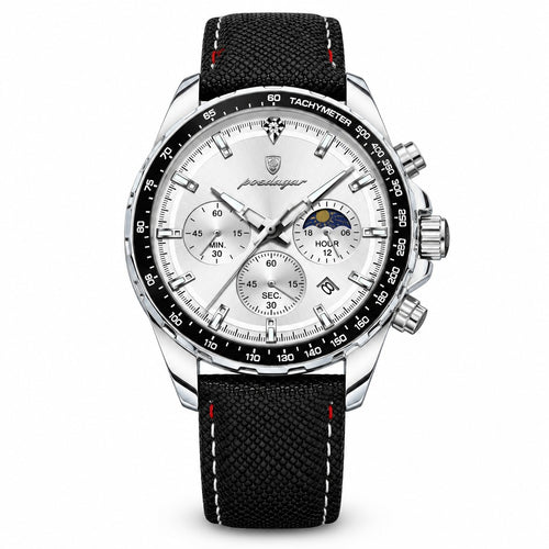POEDAGAR 879 Moon Phase Chronograph in Silver / White Dial