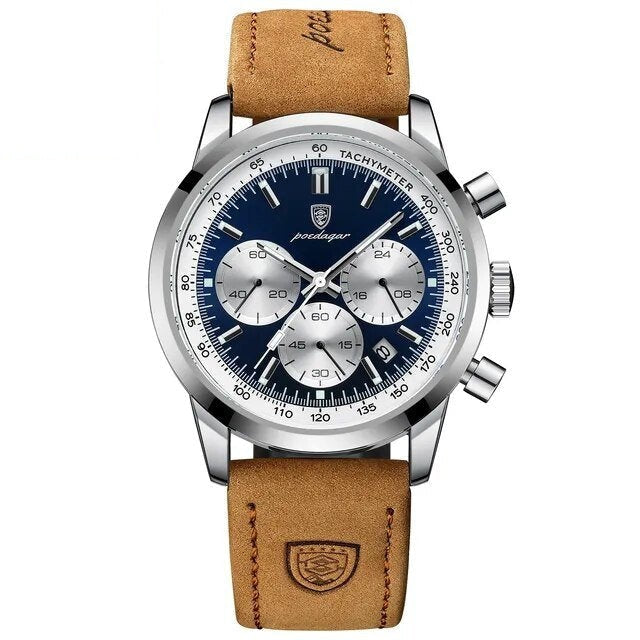 POEDAGAR 921 Tachymeter Chronograph in Silver / Blue Dial