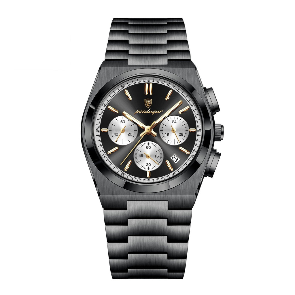 POEDAGAR 970 Steel Chronograph in Black / Black Dial