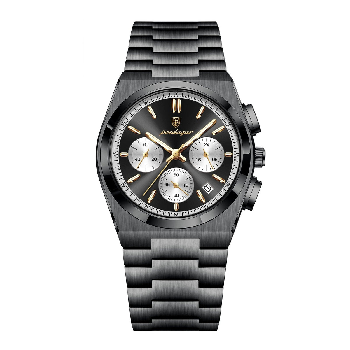 POEDAGAR 970 Steel Chronograph in Black / Black Dial