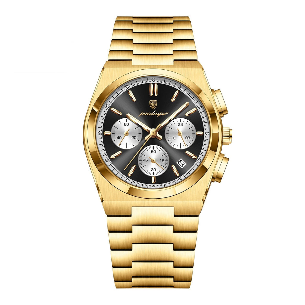 POEDAGAR 970 Steel Chronograph in Gold / Black Dial