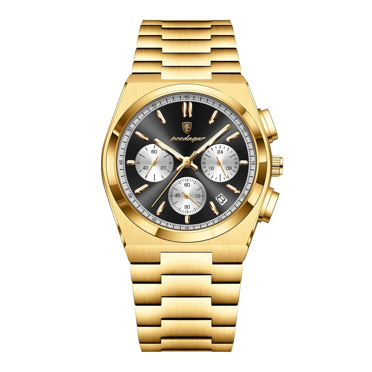 POEDAGAR 970 Steel Chronograph in Gold / Black Dial