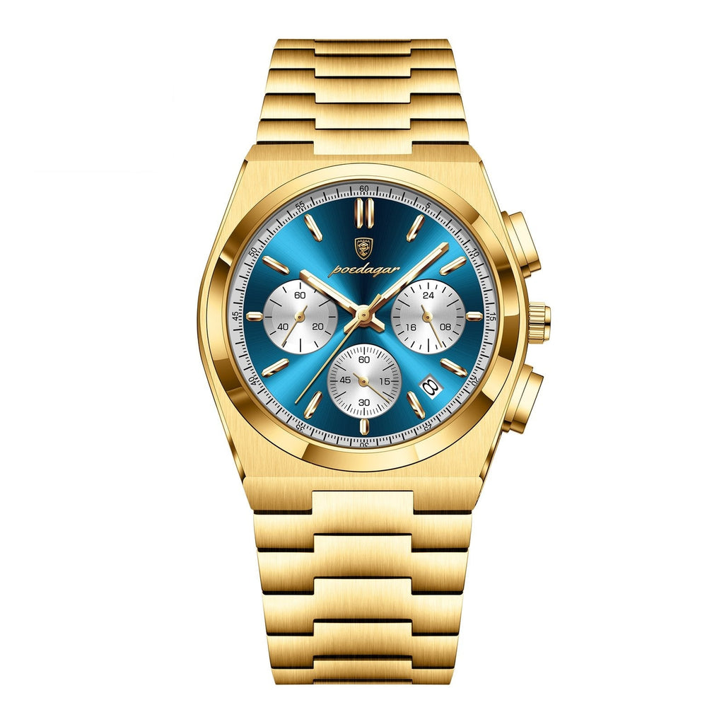 POEDAGAR 970 Steel Chronograph in Gold / Blue Dial
