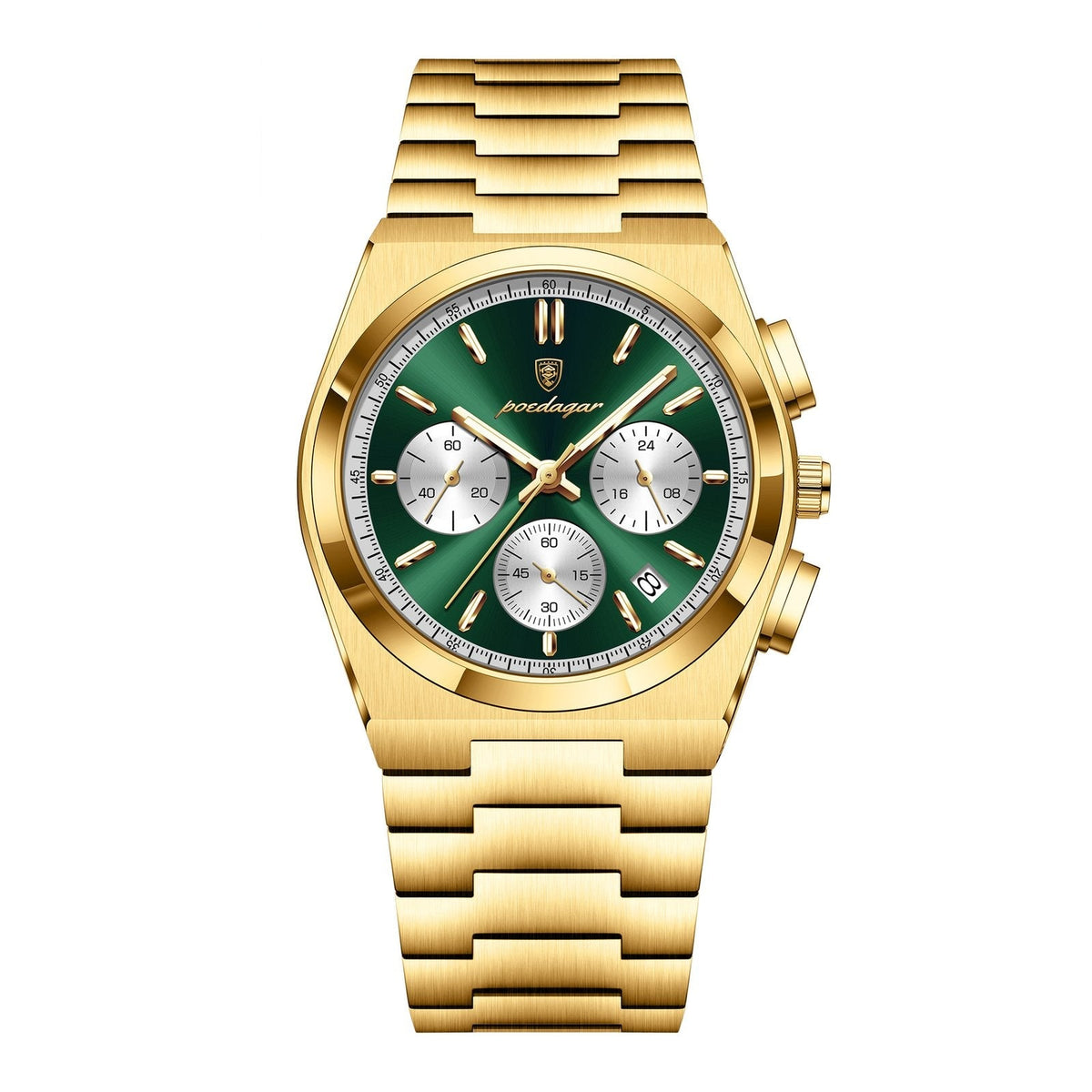 POEDAGAR 970 Steel Chronograph in Gold / Green Dial
