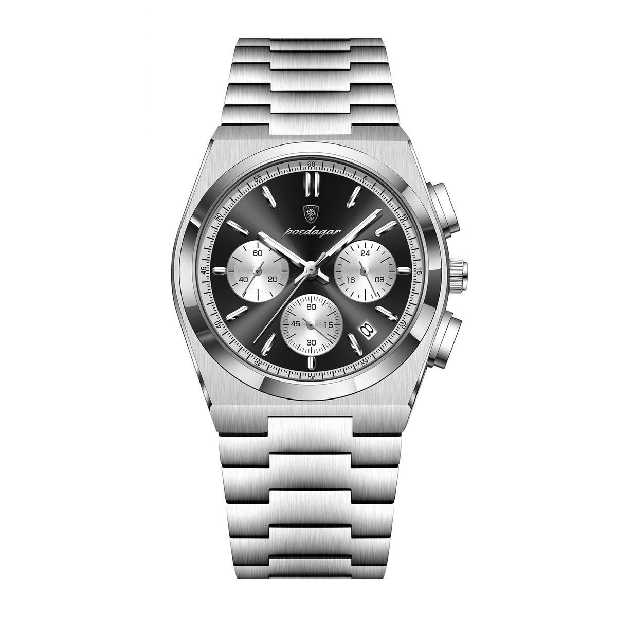 POEDAGAR 970 Steel Chronograph in Silver / Black Dial