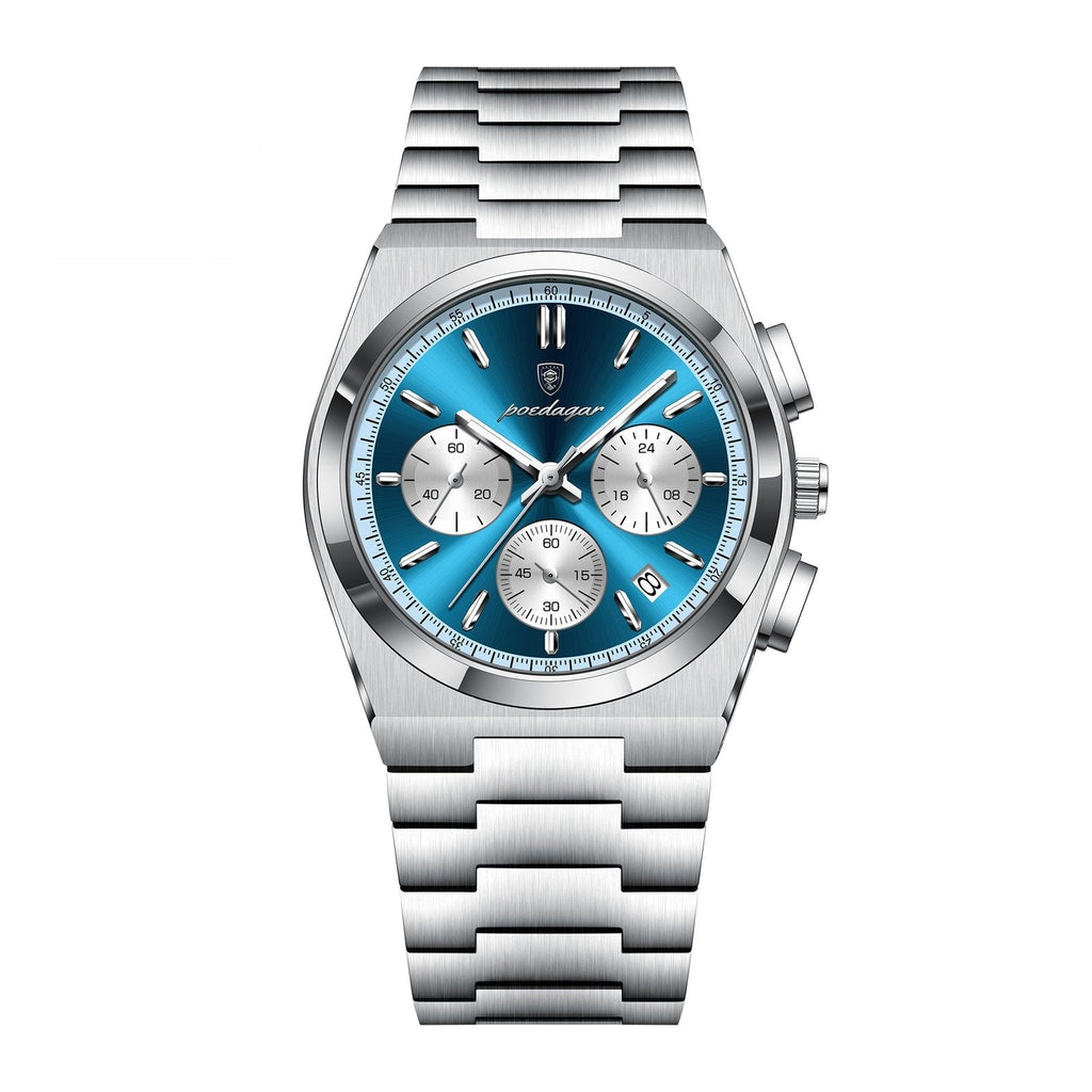 POEDAGAR 970 Steel Chronograph in Silver / Blue Dial