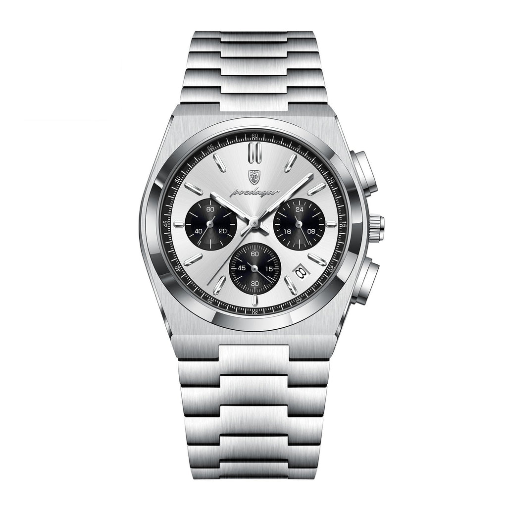 POEDAGAR 970 Steel Chronograph in Silver / White Dial, Black Subdials