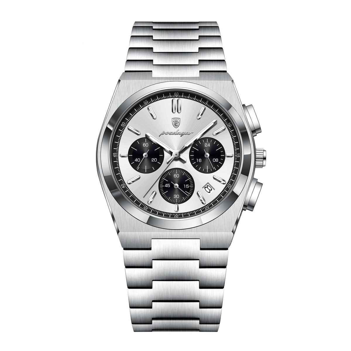 POEDAGAR 970 Steel Chronograph in Silver / White Dial, Black Subdials