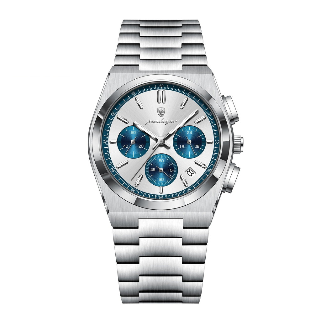 POEDAGAR 970 Steel Chronograph in Silver / White Dial, Blue Subdials